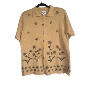 Koret Women's Floral Embroidered Knit Short‎ Sleeve Cardigan Sweater Tan Small